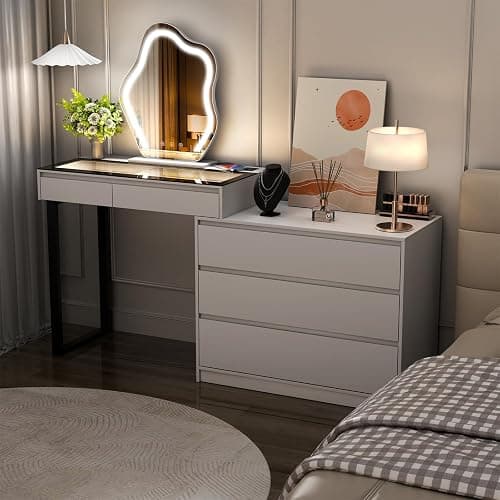 BROTTAR Vanity Dressing Tables with LED Lights, Glass Top Vanity Table Makeup Desk with Cloud-Shaped Mirror and 5 Drawers, White Dresser with Charging Station for Bedroom - Style A thumbnail 9