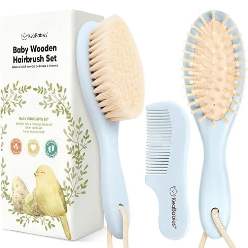 Baby Hair Brush Set for Newborns - Soft Goat Bristle Wooden Baby Brush and Comb Set Newborn Grooming Kit for Cradle Cap, Durable & Gentle, Boy, Girl Infant Essentials Care Kit (Oval, Frost) - Image 1