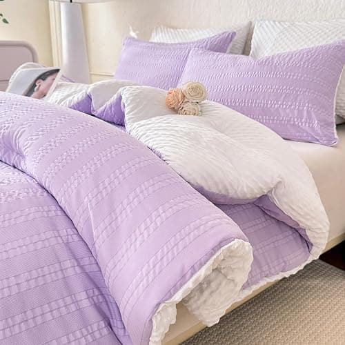 tohrisa Boho Comforter Set Twin Size Striped Pleats Bohemian Seersucker Bedding Set All Season Soft Cozy 2 Pieces Quilt with 1 Pillowcase(68"X90" Lavender) - Image 1
