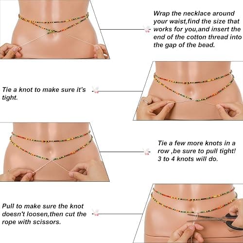ELABEST 50” Tie-on African Waist Beads for Women Non Stretching 8Pcs Belly Beads Plus Size Colorful Handmade Beaded Waist Jewelry Accessories Body Chain thumbnail 4