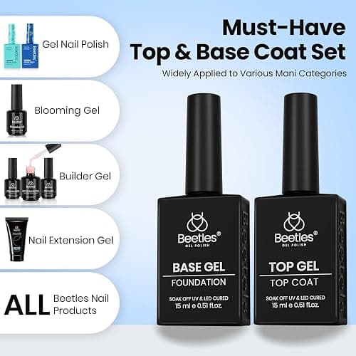 Beetles No Wipe Gel Top Coat and Base Coat Set for Gel Nail Polish | 2Pcs 15ml Super Shiny and Long Lasting Soak Off UV/LED Lamp Nail Art Design Gift thumbnail 8