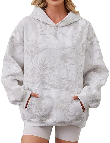 TERIVEEK Women Camo Hoodies Oversized Maple Leaf Fleece Hooded Sweatshirt Long Sleeve Fall Trendy Pullover Hoodie with Pocket - Image 1