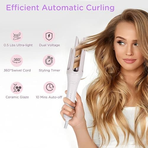 ZZR SEVEN Automatic Curling Iron, 1.5 Inch Hair Curler with 4 Temp. Options, 10S Fast Heating, 2-Way Rotation, 30 Min Auto Shut-Off, Anti-Scald-Tangle for Long Hair, Dual Voltage for Travel (Khaki) thumbnail 4
