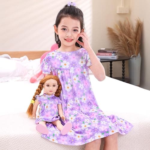 ICOSY Matching Doll & Girls Nightgowns Clothes Girls Pajamas Sleepwear Outfit for Kids and American 18" Girl Doll thumbnail 2