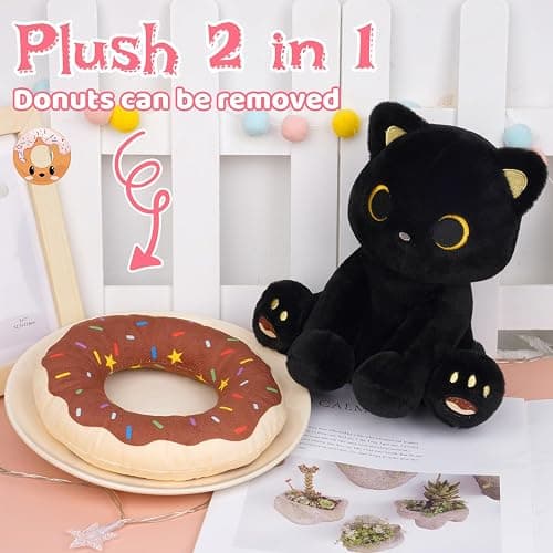 Hagusahuo Black Cat Plush, 8inch Donut Black Cat Stuffed Animal Cute Plushies Toys for Girls Kids Boys, Kawaii Kitten Plushie for Kids Adult Christmas Birthday Gift thumbnail 4