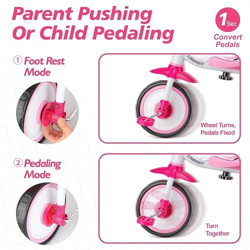 Liberry 2 in 1 Toddler Tricycle Age 2 3 4 Years Old, Kids Trike with Light Up Wheels, Adjustable Push Handle, 3 Wheel Bike Outdoor Indoor Riding Toy Gift for Girls Boys, Pink thumbnail 5