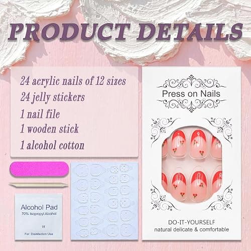 Cute Press on Nails Short Almond French Tip Fake Nails Full Cover Petite False Nails with Cherry Designs Red Glossy Glue on Nails Acrylic Nails Manicure Artificial Nails for Women Girls 24Pcs thumbnail 3