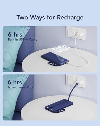 VRURC Portable Charger Buile-in 4 Cables 10000mAh, SlimPower Bank, 5 Output 2 Input Battery Pack, Built-in Micro & USB C Cables Compatible with iPhone 17,Samsung,Android-Navy Blue(1 Pack) thumbnail 7