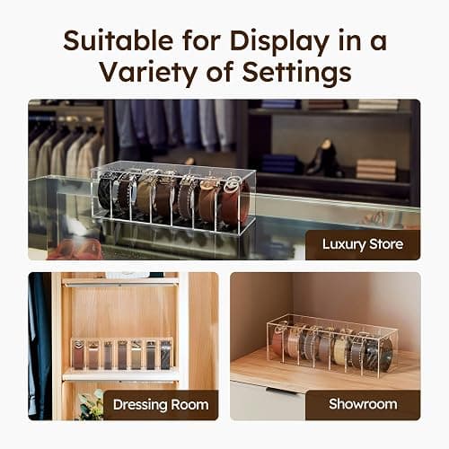 FEMELI Belt Organizer, Acrylic Belt Storage for Closet with Dust Cover, 7 Compartments Belt Container Display Holder for Drawer, Clear Belt Tie Case for Women Men Home thumbnail 5