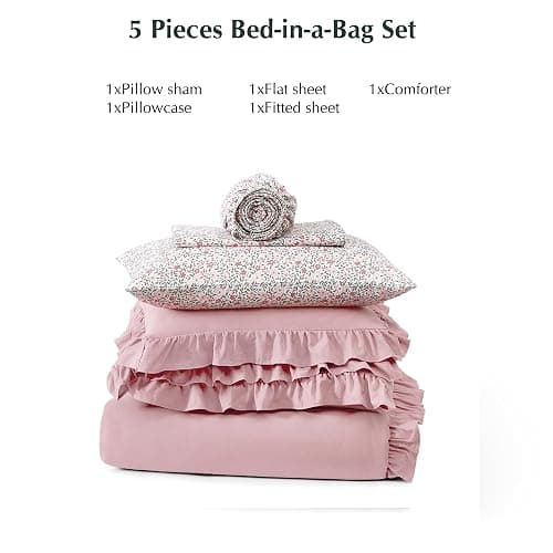 BLOOMHAVEN Twin XL Comforter Set - 5 Pieces Ruffle Soft Pink Bedding Sets, Shabby Chic Farmhouse Bed in a Bag Twin XL with Ruffle Comforter, Floral Sheets, Pillowcases & Shams thumbnail 7