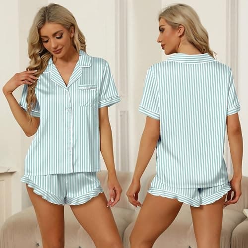 SAPJON Satin Silk Pajamas for Women 2Pcs Ruffle Notch Collar Sleepwear Button Down Short Sleeve Shorts Pjs Set Loungewear thumbnail 2