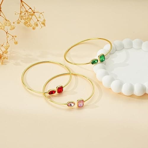 Diorra Birthday Gifts for Women, Birthstone Bangle Bracelets for Women | 14K Gold Plated Cuff Bangle Bracelet Non Tarnish Waterproof Jewelry Gifts thumbnail 3