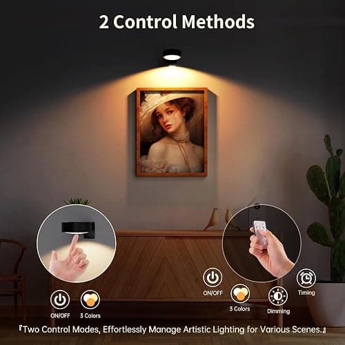 3 Pack Picture Lights for Wall, Rechargeable Battery Operated wall lights, Picture Frame lights with 3 Lighting Modes, Wireless Magnetic Painting Light with Remote Control Timer (Black, 3 Pack) thumbnail 4