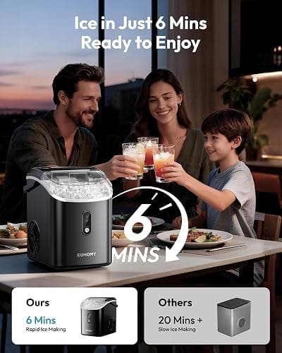 EUHOMY Nugget Ice Maker Countertop with Handle, Ready in 6 Mins, 34lbs Per Day, Removable Top Cover, Auto-Cleaning, Portable Sonic Ice Maker with Basket and Scoop, for Home/Party/RV/Camping (Black) thumbnail 3