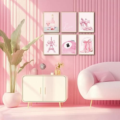 6Pink Preppy Wall Art Prints Set of 6 Coquette Bow Paris Themed Room Decor Lucky Cowgirl 8 Ball Picture Canvas Art Pink Trendy Posters Prints for Teen Girls Bedroom Dorm Decoration thumbnail 4