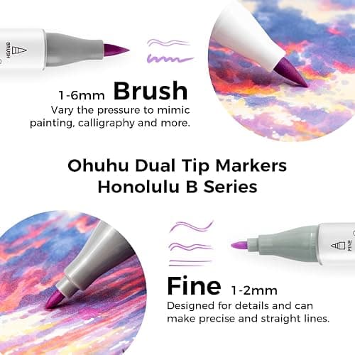 Ohuhu Alcohol Markers 104 Colors Brush& Fine for Artist Adult Cozy Coloring | AP Certified Refillable Art Marker Set, Dual Tips Alcohol-based for Beginners Drawing Illustration Sketching, Honolulu B thumbnail 2