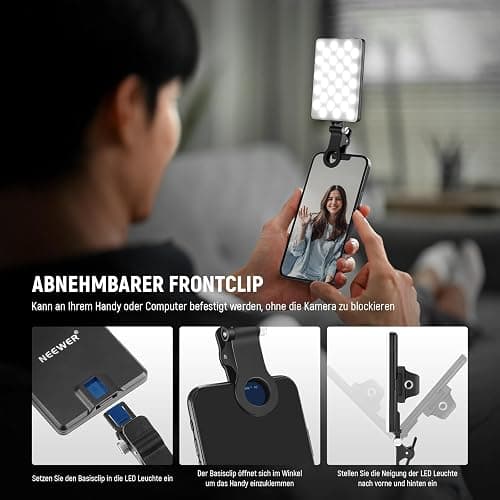NEEWER Basic Clip On Selfie Licht kompatibel mit iPhone, 2000mAh wiederaufladbares LED Videolicht mit Handy Clamp für Computer Webcam, Laptop, Zoom Videokonferenzen, Make up Fotografie, NL-60AI thumbnail 5