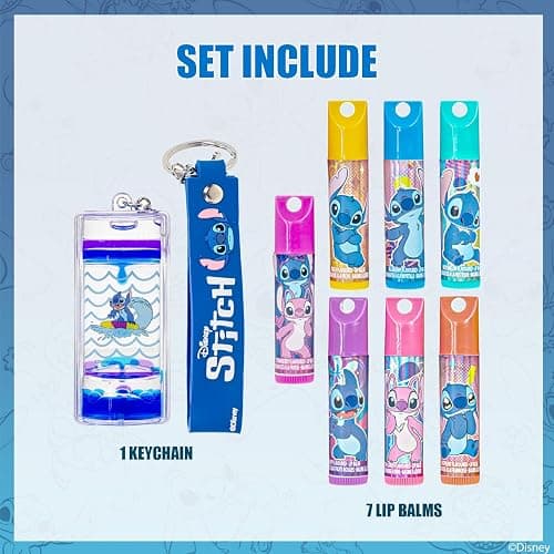 Stitch 7 Pack Lip Balm with Keychain, Plant Based Lip Balm for Girls, Kids Chapstick Age 3+ by Townley Girl thumbnail 2