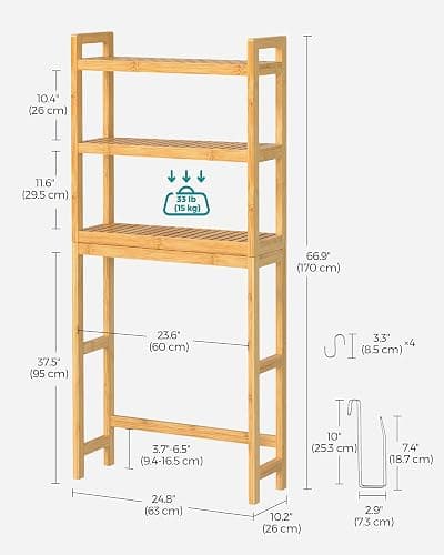 SONGMICS Over The Toilet Storage, 3-Tier Over Toilet Bathroom Organizer with Adjustable Shelf, 10.2 x 24.8 x 66.9 Inches, Space-Saving, Natural Beige UBTS001N01 thumbnail 3