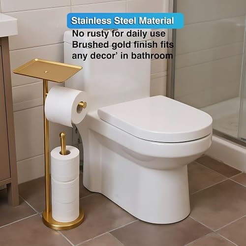 Gold Toilet Paper Holder with Shelf, Freestanding Tissue Holder Stand with Storage Space for Extra 4 Toilet Paper Rolls (Stainless Steel Base, Gold) thumbnail 7