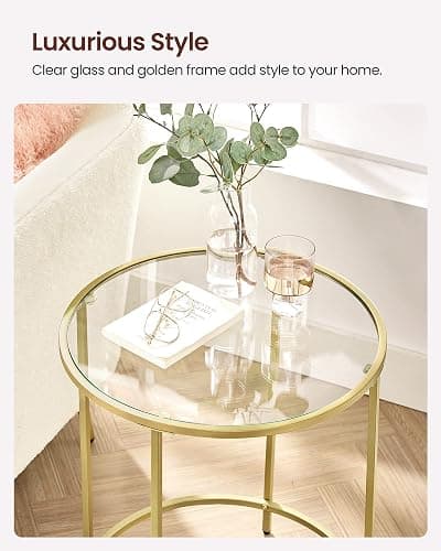 VASAGLE Round Side Table, Glass End Table with Metal Frame, Gold Coffee Table with Modern Style, for Living Room, Balcony, Bedroom, Gold Color thumbnail 5