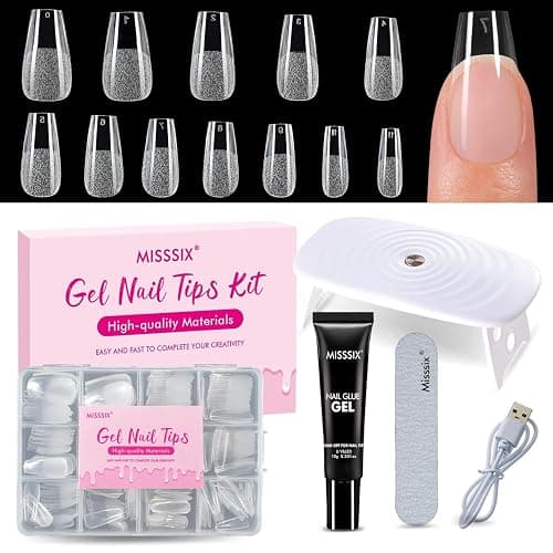 Misssix Medium Coffin Gel x Nail Tips Kit, 216Pcs Pre Etched Clear Nail Tip | Full Cover False Nail 9-in-1 Gel Glue and Portable Mini U V Nail Lamp for Women 12 Sizes - Image 1
