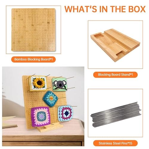 Iswabard 15x15 Inch Blocking Mats Blocking Board for Crocheting with 15 Stainless Steel Rods Crochet Blocking Board Large Base Bamboo Granny Square (Bamboo-C15‘’) thumbnail 3