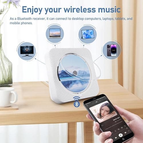 CD Player Portable Bluetooth 5.1 Desktop CD Player with HiFi Sound Speakers,Remote Control,Dust Cover,LED Display,Boombox FM Radio,USB/AUX for Home,Kids (White) thumbnail 4