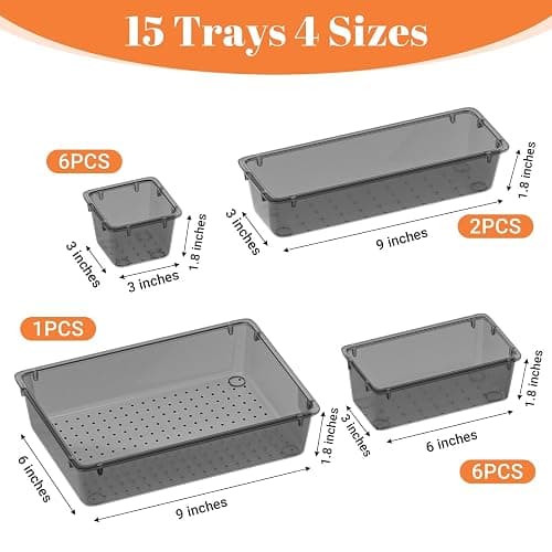SpaceHacks 15 PCS Clear Plastic Drawer Organizer Set, 4-Size Acrylic Drawer Storage Trays, Storage Bins for Makeup, Gadgets, and Jewelry in Bathroom, Bedroom and Office, Clear Black thumbnail 3