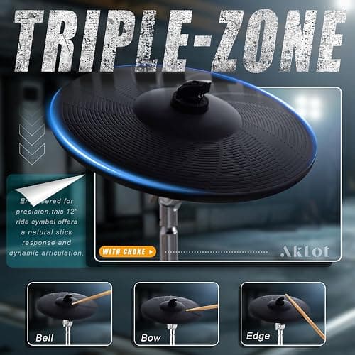 AKLOT Expanded-Size Electric Drum Set: 12'' Two-Piece Standalone Hi-Hat, Independent Kick Drum and 10'' Dual-Zone Snare, 12'' Triple-Zone Ride Cymbal, All Mesh Heads, 460 Sounds, USB MIDI (B-CORE541) thumbnail 6