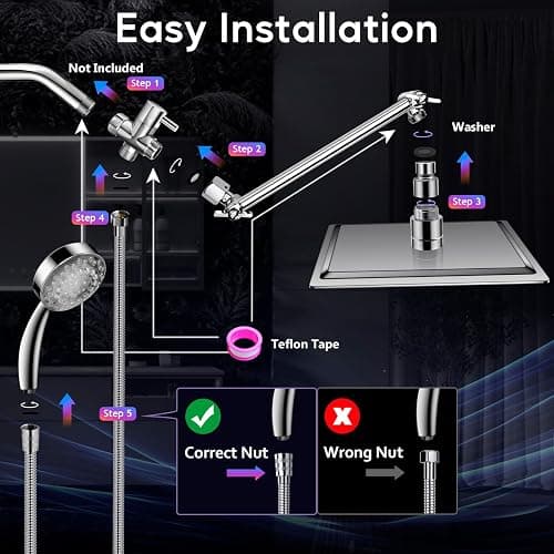 LED Shower Head with High Pressure 10'' Rain Shower Head, 11'' Adjustable Extension Arm, Color Changing Based On Water Temperature, Stainless Steel, 60'' Hose, Chrome - Chrome thumbnail 8