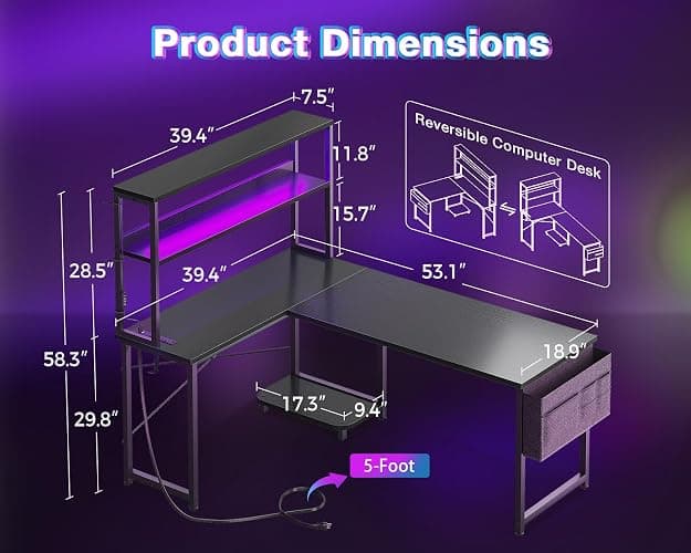 L Shaped Desk Gaming Desk with LED Light & Power Outlet thumbnail 3