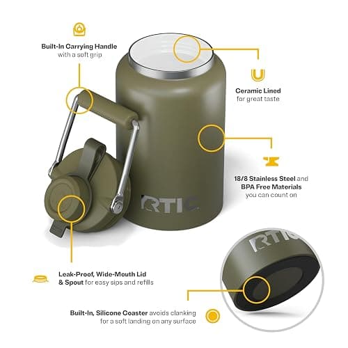 RTIC Half Gallon Outback Jug, Stainless Steel, Ceramic Lined Insulated Water Bottle with Lid and Handle, BPA-Free, Double Wall Vacuum Insulation, Olive thumbnail 4