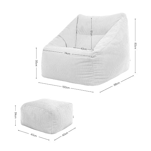 Icon Natalia Sitzsack Sessel mit Hocker für Erwachsene, Beige, Flauschiger Cord Stoff, Riesen Sitzsack Cord mit Füllung, Bean Bag Chair, Bequemer Sessel Wohnzimmer, Lounge, Schlafzimmer, Büro - Beige - Sitzsack + Hocker thumbnail 3