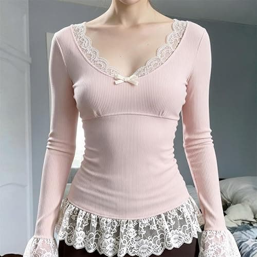 HeiBai Xiong Women Goth Knit Lace Trim T Shirt - Scoop Neck Long Sleeve Floral Ruffle Top Tee, Cute Dance Going Out thumbnail 2