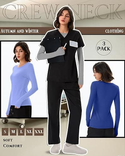 Neer 3 Pack Womens Underscrub Shirts Long Sleeve Crewneck Tops Fitted Layering Clothes Comfort Knit Tops for Nurse thumbnail 6
