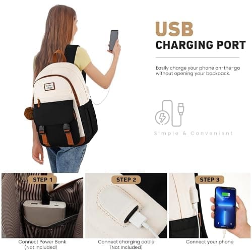 WINDARS School Backpack for Teen Girls, Cute College Backpacks for Women Students Aesthetic Bookbag Large 15.6 Inch Laptop Bag Middle School Travel Back Pack (Beige-Black-Brown) thumbnail 6