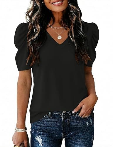 IECCP Women V Neck T Shirts Puff Short Sleeve Tops Fashion Dressy Casual Tunic Loose Fit Blouses - Image 1