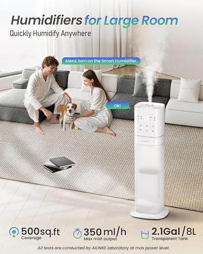 AILINKE Smart Humidifier Large Room, 2.1Gal/8L Humidifiers for Bedroom with Extended Tube&Night Light, Whole House Cool Mist Humidifiers, WIFI App&Voice Control, School/Office/Warehouse, White thumbnail 2