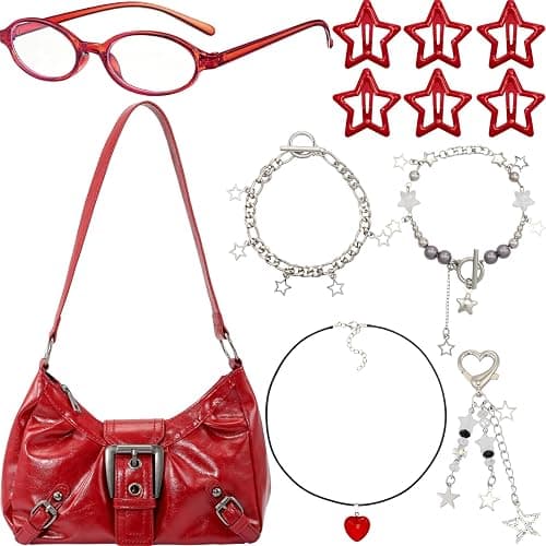 Sunnymove 12 Pcs Y2k Vintage Accessories Set, Red Shoulder Bag with Gothic Chain Clasp Star Hair Clips and Chain Heart Necklaces Small Oval Glasses 90s Suitable for Y2k Fashion Accessories - Image 1