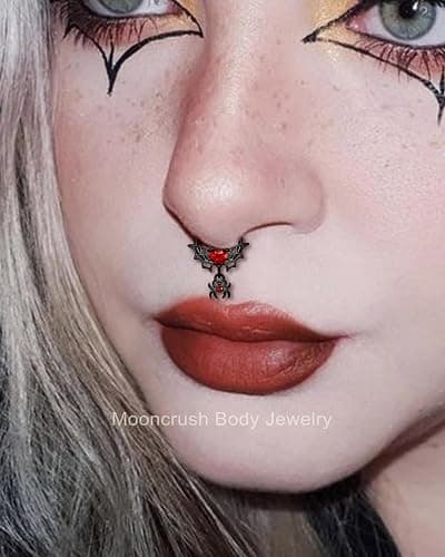 Mooncrush Jewelry Gothic Black Septum Ring 16G Spider Dangle With Red Heart Daith Piercing Jewelry - Stainless Steel thumbnail 2