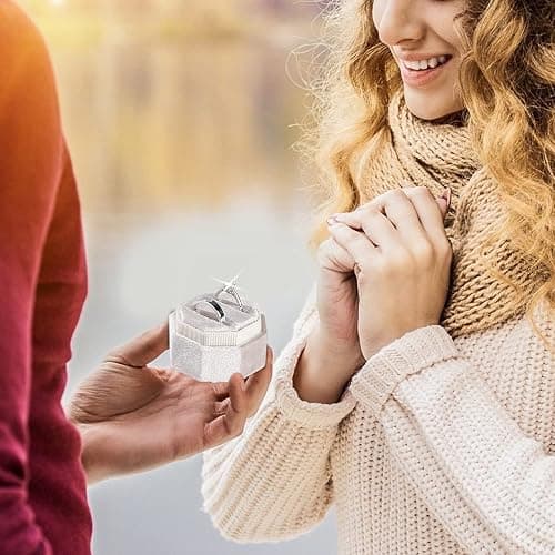Velvet Ring Box, Etercycle Octagon Gorgeous Vintage Double Jewelry Ring Gift Box with Detachable Lid for Proposal Engagement Wedding Ceremony (Beige) thumbnail 7