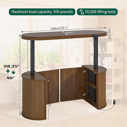Xyulmeo Mid Century Modern Electric Standing Desk with Storage, 55 x 22 Inch Small Sit Stand Up Desk, Wood Adjustable Height Computer Executive Desk for Home Office, Laptop, Walnut thumbnail 2