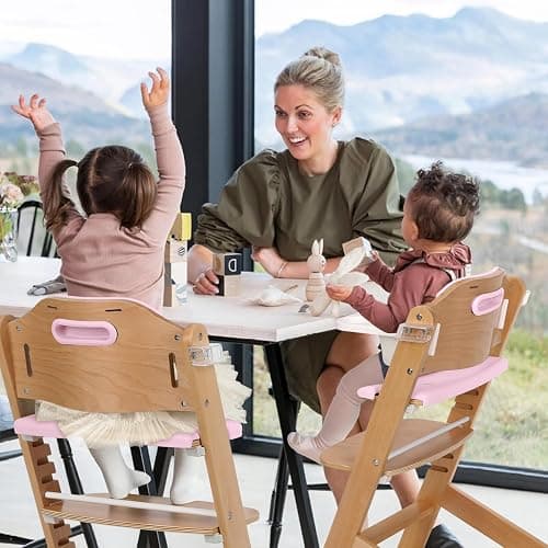 Cowiewie Natural Wooden High Chair for Babies & Toddlers 3-Tier Remove Adjustable Tray and Highchair with Cushions, Easy to Clean, Portable. (Pink) thumbnail 2