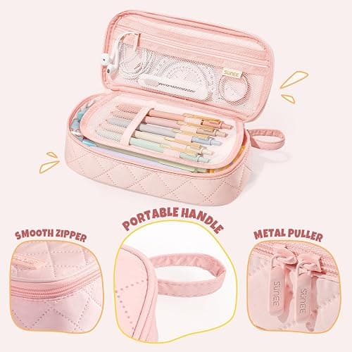 SUNEE Cute Pencil Case, Large Capacity Pencil Pouch Aesthetic Zipper Pencil Bag, Big Storage Pen Organizer for Stationery, Soft Quilted Pencil Box Back to School Supplies for Teen Girls Boys,Soft Pink thumbnail 7