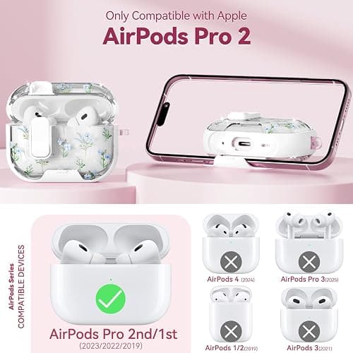 Skyconser with Safety Lock for Apple AirPods Pro 2nd 1st Case,Clear Floral Cute AirPods Pro 2 Case with Phone Stand & Cleaning Kit for Women Girly-Blue Narcissus thumbnail 2