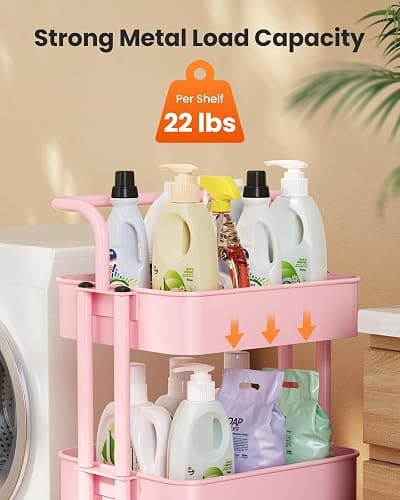 Pipishell 3 Tier Mesh Utility Cart, Rolling Metal Organization Cart with Handle and Lockable Wheels, Multifunctional Storage Shelves for Kitchen Living Room Office Pink thumbnail 6