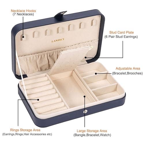 LANDICI Small Jewelry Box for Women Girls, PU Leather Travel Jewelry Case, Portable Jewelry Organizer Storage Holder Display for Ring Earrings Necklace Brooch Men Kids Gift, Dark Blue thumbnail 5