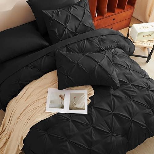 CozyLux Queen Comforter Set Black, 7 Pieces Pintuck Bed in A Bag, Premium Black Comforter Queen Size, Pinch Pleat Bedding Sets with Comforter, Sheets, Pillowcases & Shams thumbnail 9