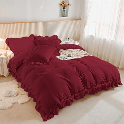 Burgundy Bedding Sets Ruffle Frills Duvet Cover with Zipper Closure Soft Breathable Microfiber Duvet Cover Set Double 200 x 200 cm thumbnail 2